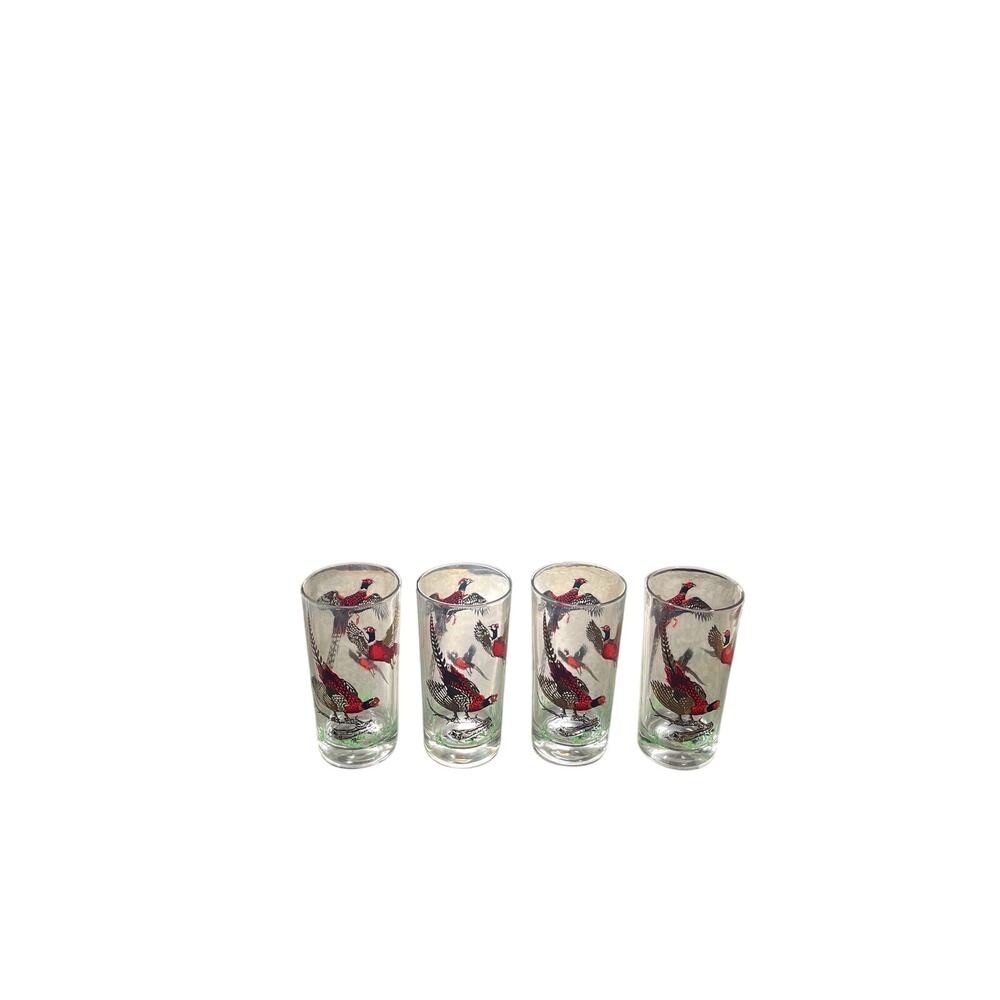 Vtg Mid Century Pheasant Drinking Glasses W/Gold Accents Set of 4